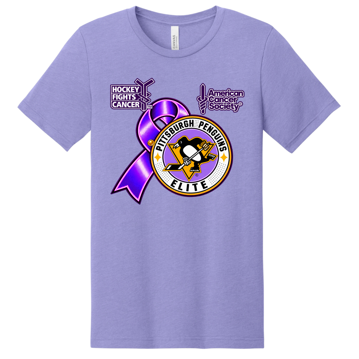 Adult/Unisex | Pittsburgh Penguins Elite • Hockey Fights Cancer •  Purple Ribbon LogoT Shirt
