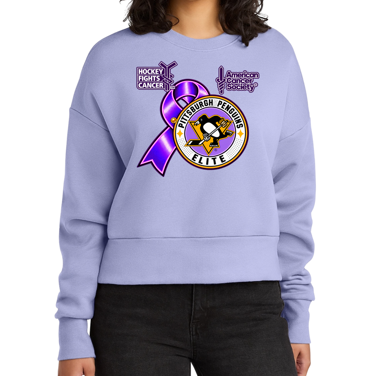 Adult/Womans | Pittsburgh Penguins Elite • Hockey Fights Cancer •  Purple Ribbon Logo Crewneck Logo