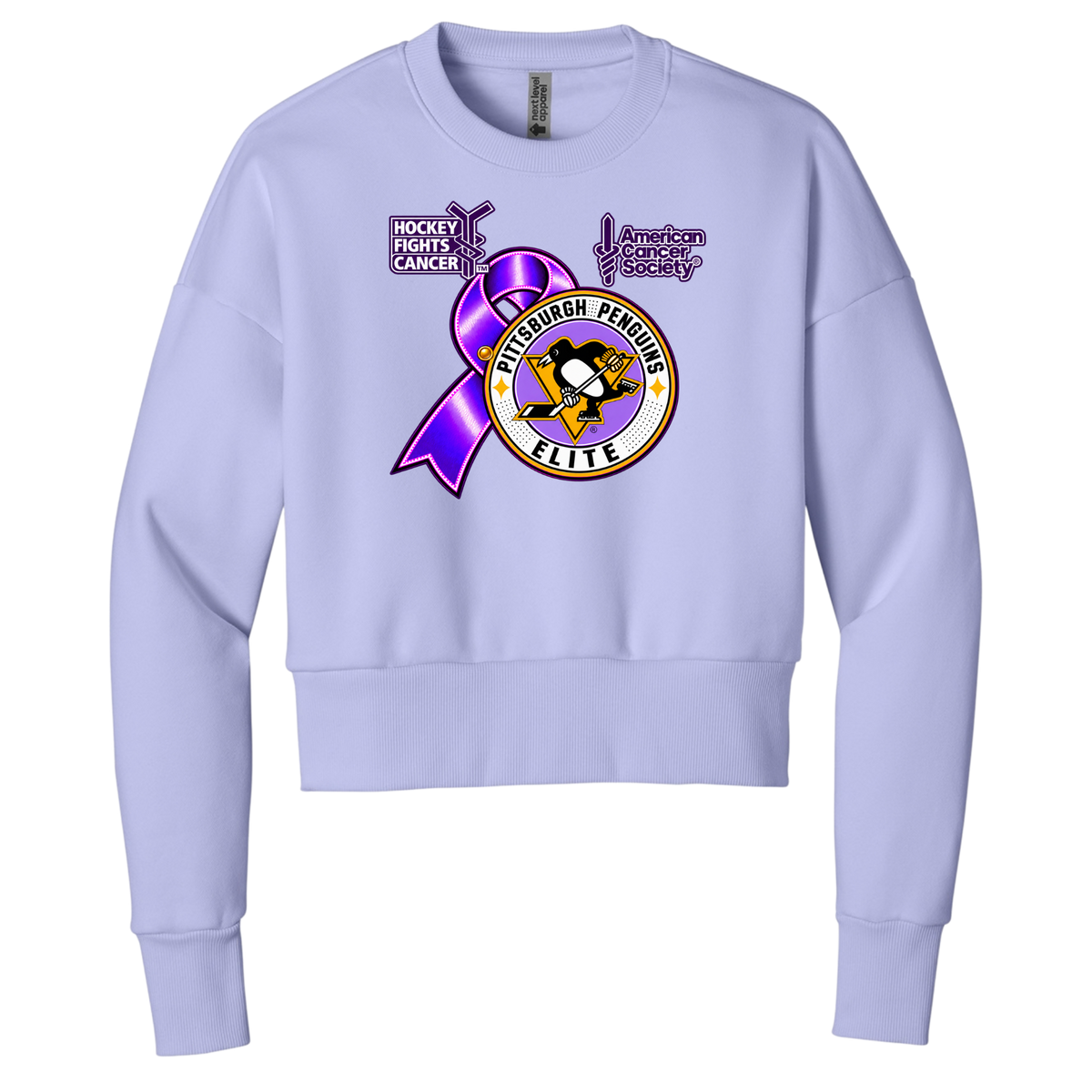 Adult/Womans | Pittsburgh Penguins Elite • Hockey Fights Cancer •  Purple Ribbon Logo Crewneck Logo