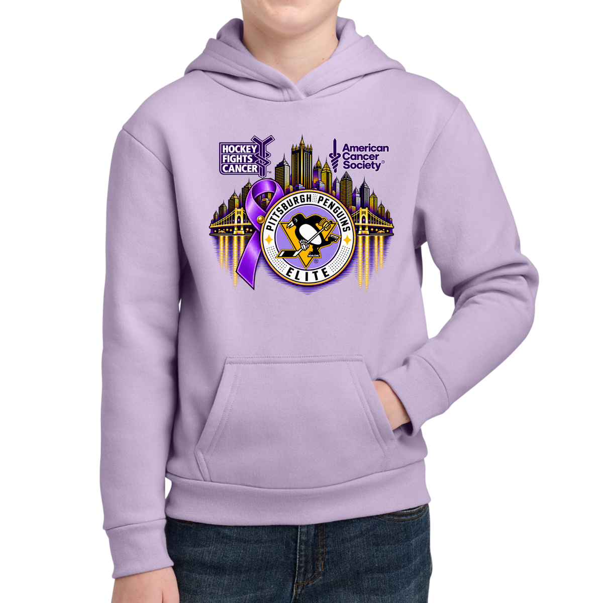 Youth/Unisex | Pittsburgh Penguins Elite • Hockey Fights Cancer • Youth City Reflection Hoodie
