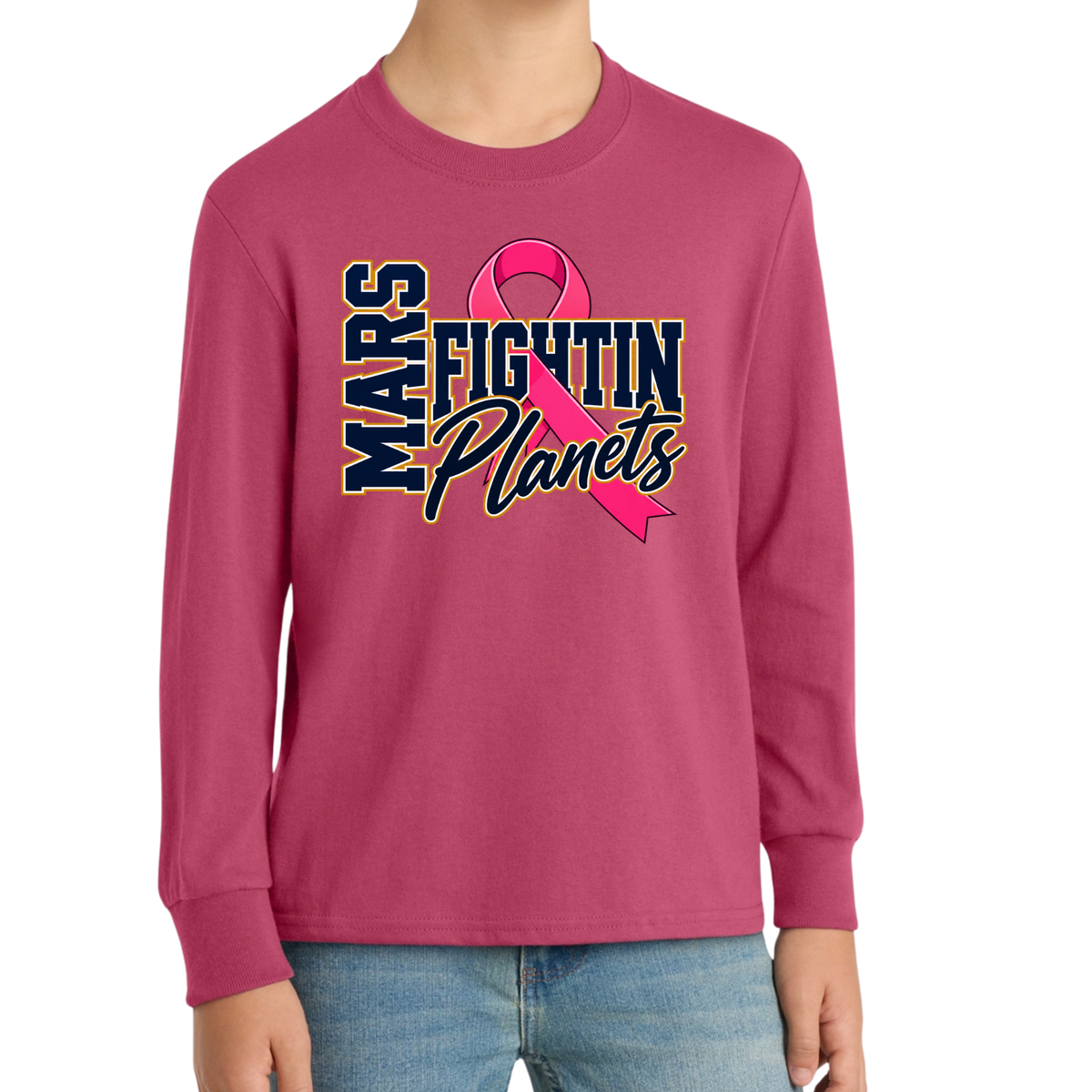 Pink Ribbon • Fightin Planet • Youth Long Sleeve Core Cotton Tee