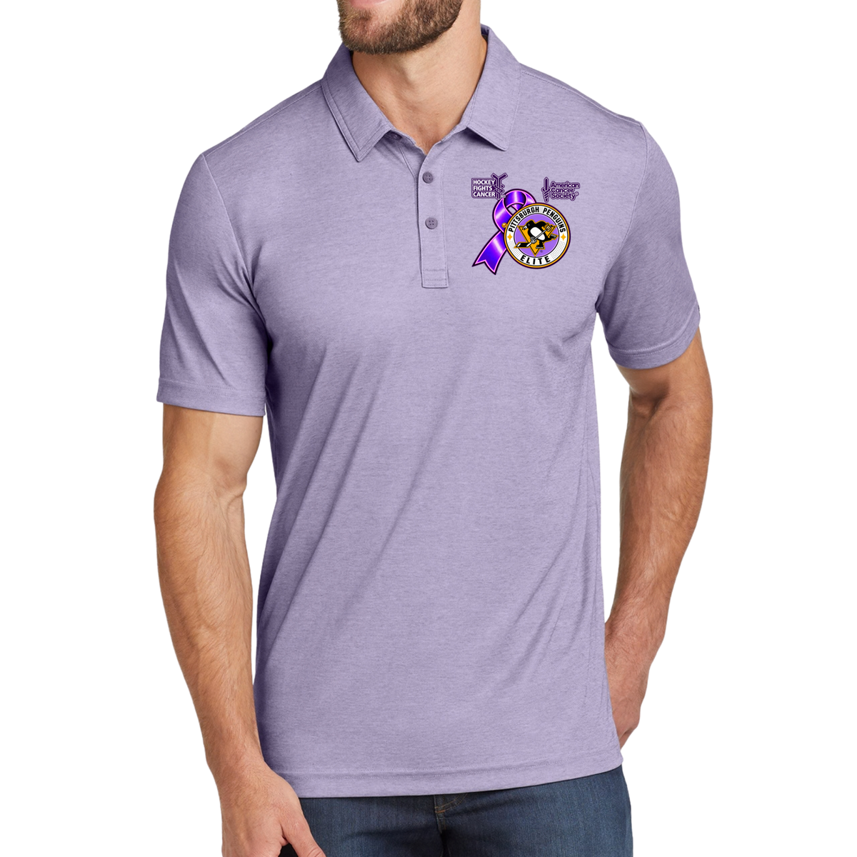 Men's Travis Matthews | Pittsburgh Penguins Elite • Hockey Fights Cancer • Purple Ribbon Logo Polo