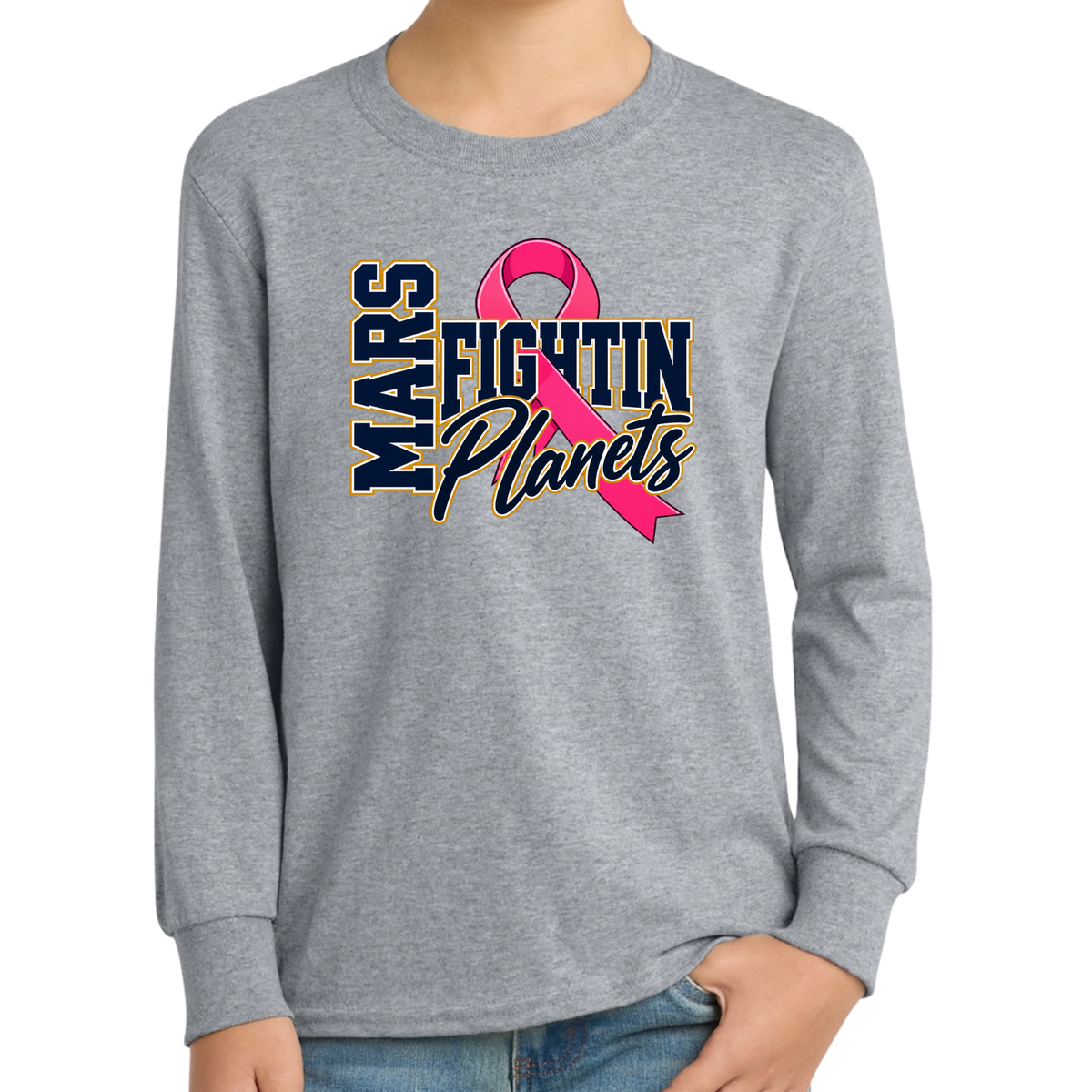 Pink Ribbon • Fightin Planet • Youth Long Sleeve Core Cotton Tee