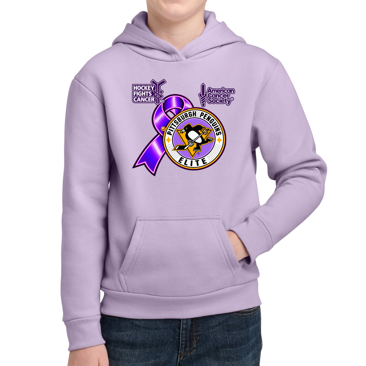 Youth/Unisex | Pittsburgh Penguins Elite • Hockey Fights Cancer • Youth Purple Ribbon Logo Hoodie