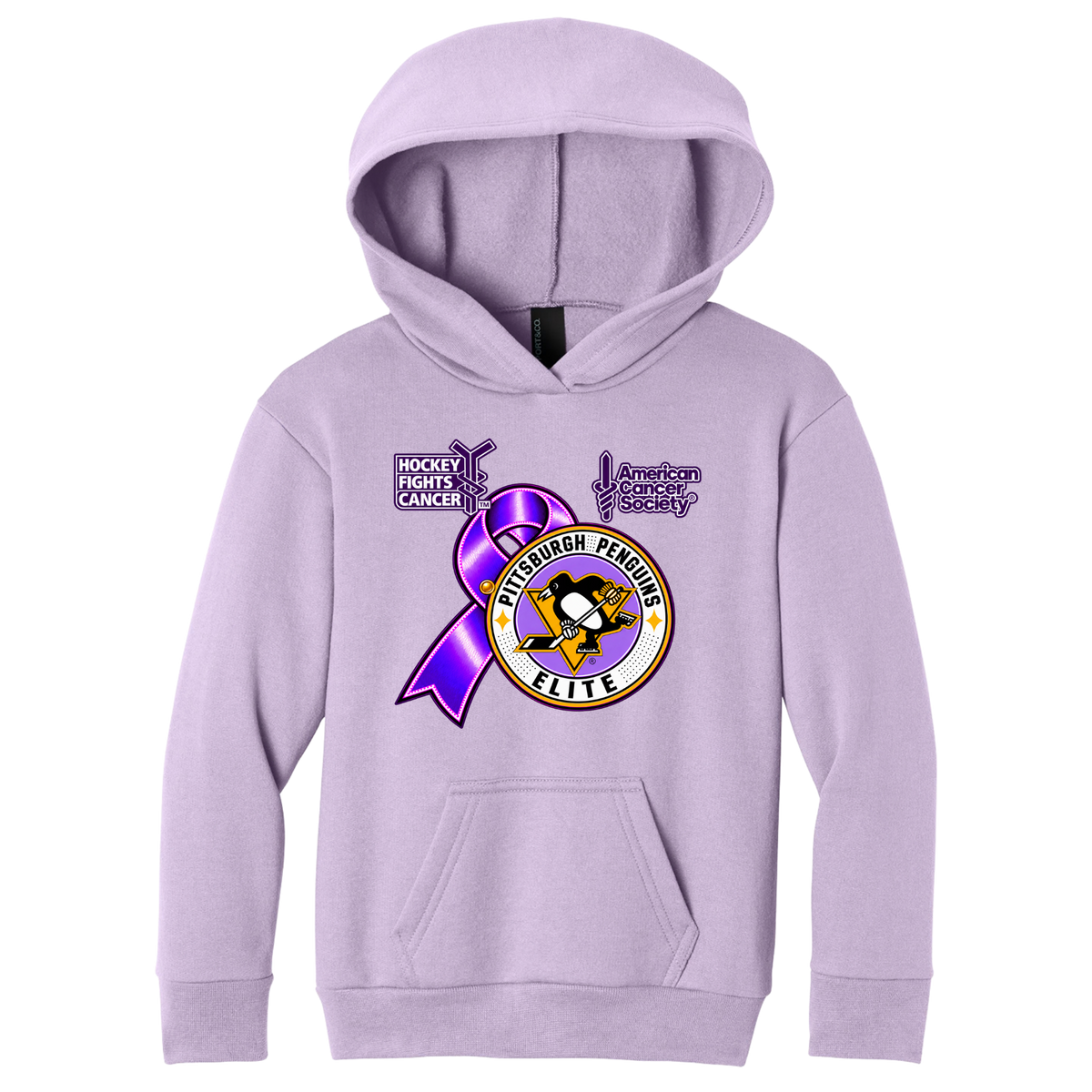 Youth/Unisex | Pittsburgh Penguins Elite • Hockey Fights Cancer • Youth Purple Ribbon Logo Hoodie