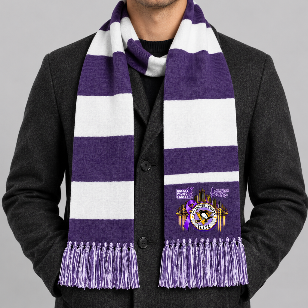 Purple-and-white scarf styled around the neck with the design facing forward