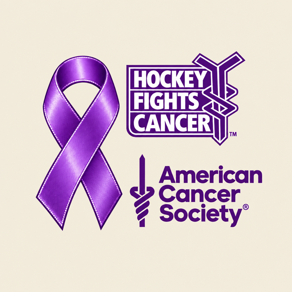 Ribbon and cancer logos on a warm ivory background